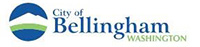 Logo for City of Bellingham. Blue circle with white mountain inside next to blue font that reads City of Bellingham/Washington