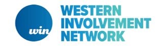 Blue circle with the word win in the center. To the right of the circle are the words Western Involvement Network in blue letters.