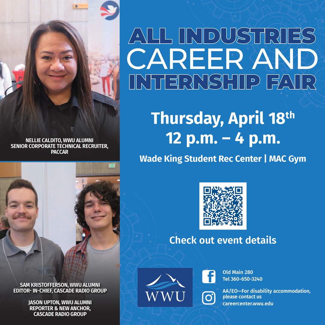 Blue square with white and blue text that details the event (description below in post) along with two separate images of WWU alumni at a career fair