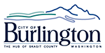 Blue text with line drawing of mountains on top of the words City of Burlington