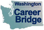 green outline of the State of Washington with blue text in the middle of it that says Washington - Career Bridge