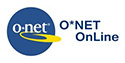 Blue circle with a yellow line through it and the word O-Net in white letters. Next to the circle are the words O*NET OnLine in dark blue