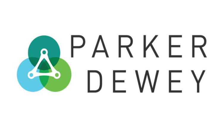 Three overlapping circles, one blue, one teal, one green to the left of the works Parker Dewey