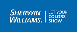 Blue box with the words Sherwin Williams, Let YOUR Colors Show in white font.