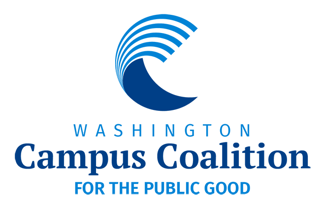 Blue half circle with the words Washington Campus Coalition for the Public Good directly beneath it