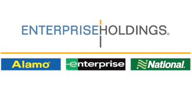 Three side by side boxes. The blue one says Alamo, the black one says enterprise, and the green one says National. On top of those boxes is the words Enterprise Holdings in a bold blue and black font.