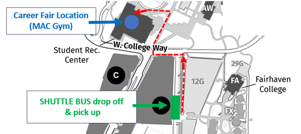 Map of south campus that shows where the Student Rec Center is in relation to the Shuttle bus drop off and pick up zone