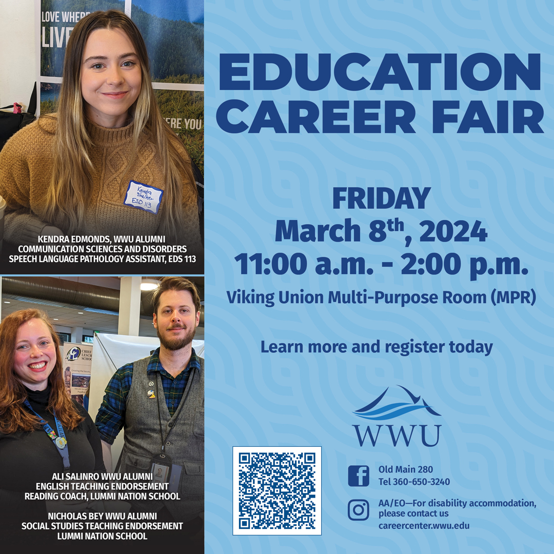 Light blue box with dark blue text detailing the event (listed below) with two separate images of WWU alumni at a career fair.
