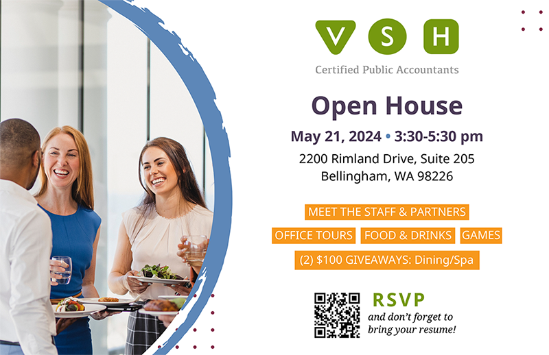 VSH Certified Public Accountants Open House that includes three people standing at a meet and greet holding a water glass appetizer plates. The details are outlined in the description below.